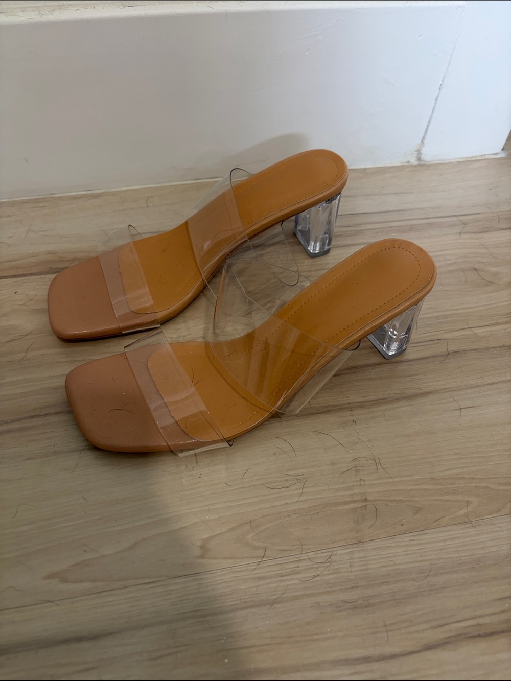Clear Strap Tan Block Heel Mule